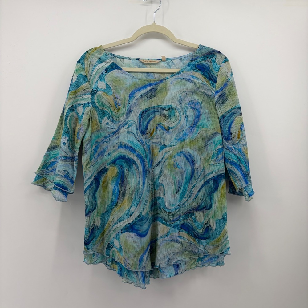 Soft Surroundings Womens Small Blue Marble Swirl Crinkle Cotton Ruffle Blouse